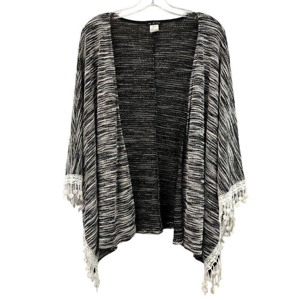 In Style Womens Open Front Black/Ivory Marled Kimono Cardigan Crochet Trim S/M